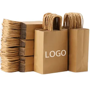 Logo personnalisé impression en gros épicerie blanc brun papier Kraft sac cadeau avec poignée article emballage de Surface industrielle
