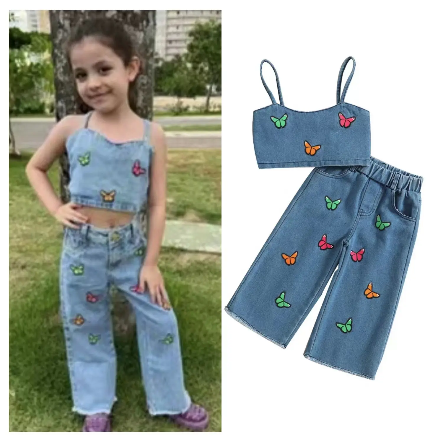 Set di Jeans e Top in Denim con stampa a farfalla di 2 pz da ragazza senza maniche estivo per bambine e bambine