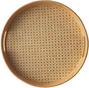 Bamboo Rattan Serving Tray Round Breakfast Coffee Trays for Home Kitchen Storage