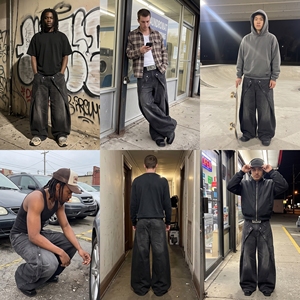Jeans Baggy da Uomo con Pannelli Sovrapposti, Gamba Larga, Stile Cargo, Denim Nero Lavato, Streetwear, Etichetta Privata, Produzione in Fabbrica, Basso MOQ, ODM - Product Image 2