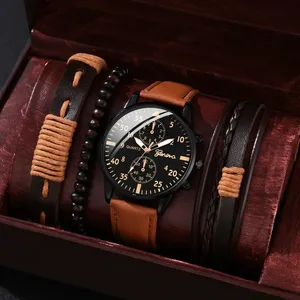 Relógio de pulso de quartzo luxuoso masculino, pulseira de couro marrom para homens, conjunto de 4 peças, relógio esportivo casual para homens e negócios, presente para presente