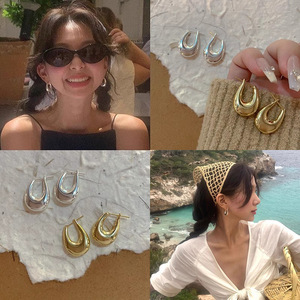 Boucles d'oreilles créoles minimalistes en métal, forme goutte d'eau, plaquées or et argent, ovales et creuses, pour femmes et jeunes filles - Product Image 4