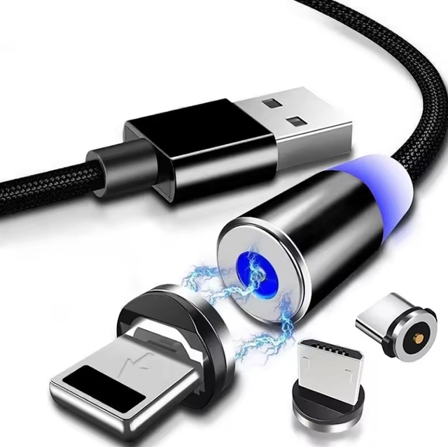 Black LED Magnetic 8pin Micro USB Connector Magnetic USB Cable 3 in 1 for Mobile Phones