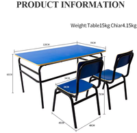Ensemble de bureau et chaise scolaire double à hauteur fixe, table d'étude bleue avec 2 sièges, structure en métal robuste, mobilier de classe