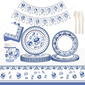 DAMAI Juego de Vajilla Desechable con Diseño Floral Azul y Blanco, Elegante Juego de Platos, Vasos, Servilletas y Tenedores de Papel con Estilo Chinoiserie - Product Image 2