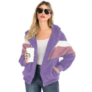 2024 nouveau Design européen américain femmes en peluche à capuche fermeture éclair Cardigan couleur assortie laine manteau haut