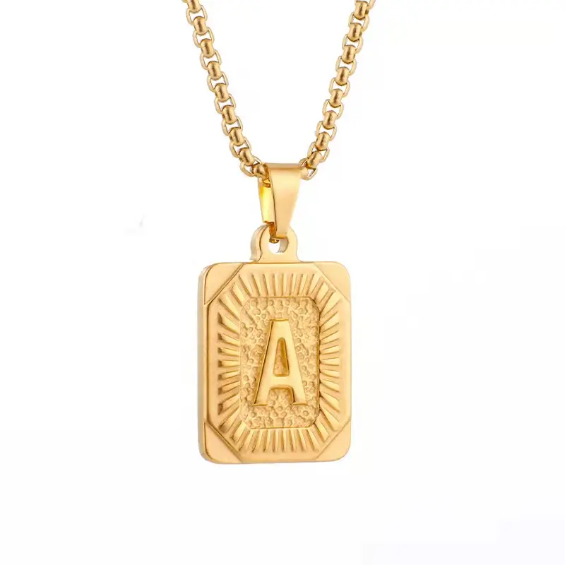Amazon Hot sales Square Pendant Box Chain Stainless Steel A-Z Alphabet Capital Initial Letter Necklace For Man Women