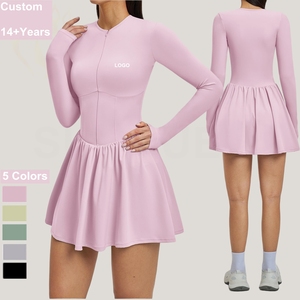 Vestido Esportivo Feminino Personalizado de Manga Longa para Exercícios e Tênis com Sutiã Embutido e Shorts, Vestido Atlético para Golfe e Treino com Bolsos - Product Image 1