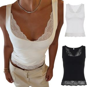 Tank <b>Top</b> Women Lace <b>Patchwork</b> Knit Stretchy Breathable V-neck Basic Solid Color Casual 2026 Summer New - Product Image 1