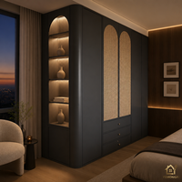Dressing sur mesure de luxe pour chambre à coucher, finition Noyer foncé, cadre Or Champagne, porte vitrée, éclairage LED, étagère ouverte, meuble de vanité, pour villa, OEM ODM, hôtel