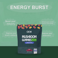 Gummies aux champignons fonctionnels personnalisés OEM |   Complexe de 7 champignons + Ashwagandha |   Végétalien, sans gluten, sans OGM |   Sachet de 80 Gummies