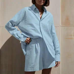 カスタム女性2ピースブルーラウンジウェア衣装マッチングショーツシャツセット女性用2023
