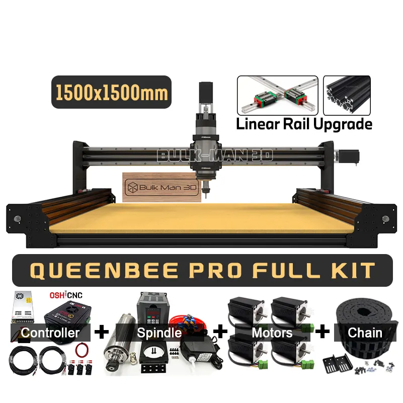 Extrusion noire 1500x1500mm QueenBee PRO CNC Kit complet de routeur à bois avec mise à niveau des Rails linéaires 4 axes travail du bois