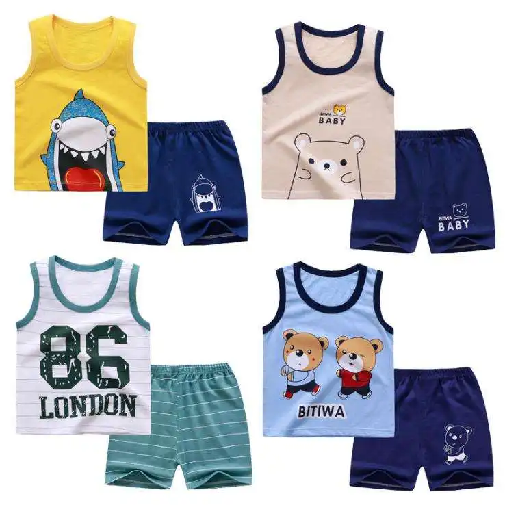 Cartoon Summer Baby Boy Clothing Set Cotton Sleeveless Shirt with Pants Clothing Set for Kids