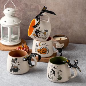 हेलोलीन कद्दू और भूत सिरेमिक मग, अलग आंतरिक ग्लेज़ के साथ स्पेक्केल्ड पोर्सिलीन ड्रिंकवेयर, घर के लिए उत्सव कॉफी कप - Product Image 1