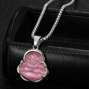 Collier pendentif Bouddha Maitreya Yunnique en acier inoxydable avec serti clos et pierre œil de chat, bijoux cadeaux à thème - Product Image 4