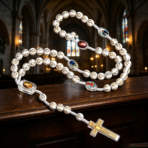 Elegante rosario católico de cuentas de acrílico de colores con San Benito, cruz de Santiago y corazón de Jesús. - Product Image 6