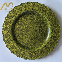 Assiettes de présentation rondes de luxe en verre de 13 pouces, motif plumes vert citron, texture texturée, pour décoration de banquets de mariage