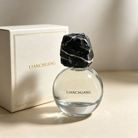 Flacon de parfum en verre transparent rond avec bouchon en pierre et boîte cadeau bleu foncé, logo personnalisé, flacon de parfum vide