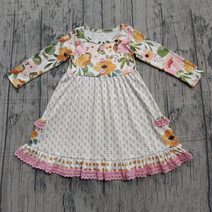 GLD1588 RTS Vestido de verano transpirable hasta la rodilla para niña, con flores pequeñas naranjas y manga larga, conjunto para hermanas - Product Image 1