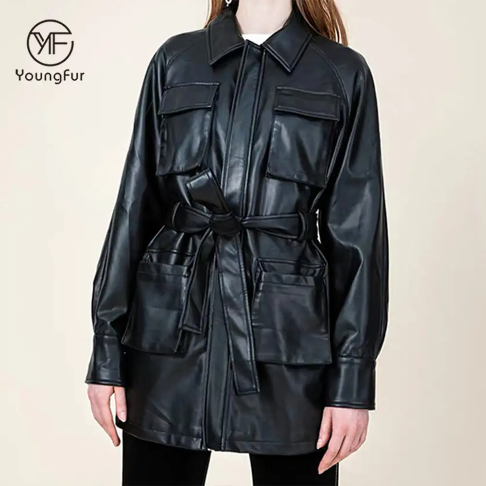 High Quality Autumn Chic Stylish Belt Slim Waist Long Sleeve Sheepskin Shirt Jacket Women Real Leather Coat Clothing