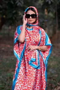 Afrika kadınlar taklit ipek baskılı Maxi elbiseler eşarp ile moda kadınlar için iki adet bir Set sabahlık ipek Kaftans