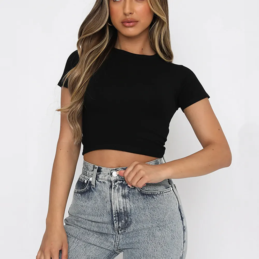 Crop tops for women custom logo solid casual slim t shirt sexy knitted elasticity crop top