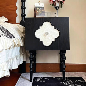 Premium <b>Black</b> Solid Wood Nightstand French Vintage Mother-of-pearl Inlay Spindle Legs Bedroom Furniture Stable <b>Bedside</b> <b>Cabinet</b> - Product Image 5