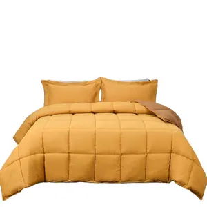 3pcs Mustard Yellow/Brown Down Alternative Comforter Set Queen Size All Season Reversible Comforter with Two Shams