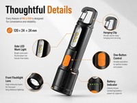 Linterna LED USB Recargable Portátil de ABS con Enchufe Tipo-C, Enfoque Ajustable, Alto CRI 80, 1000 Lúmenes, Uso de Emergencia, Llavero, 4 Horas de Duración