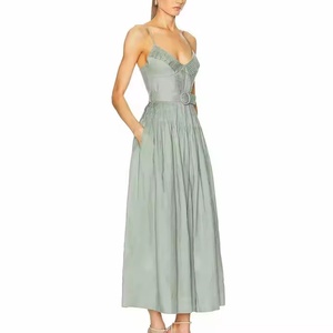 Robe midi trapèze vert menthe personnalisée, élégante, bohème, décontractée, avec ceinture, 100 % lin, sans manches, pour printemps, été, automne - Product Image 2