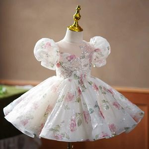 Boutique Rosa estampado floral princesa niñas vestidos esponjosos niños ropa de boda niñas fiesta vestido de graduación 1 a 14 años - Product Image 3