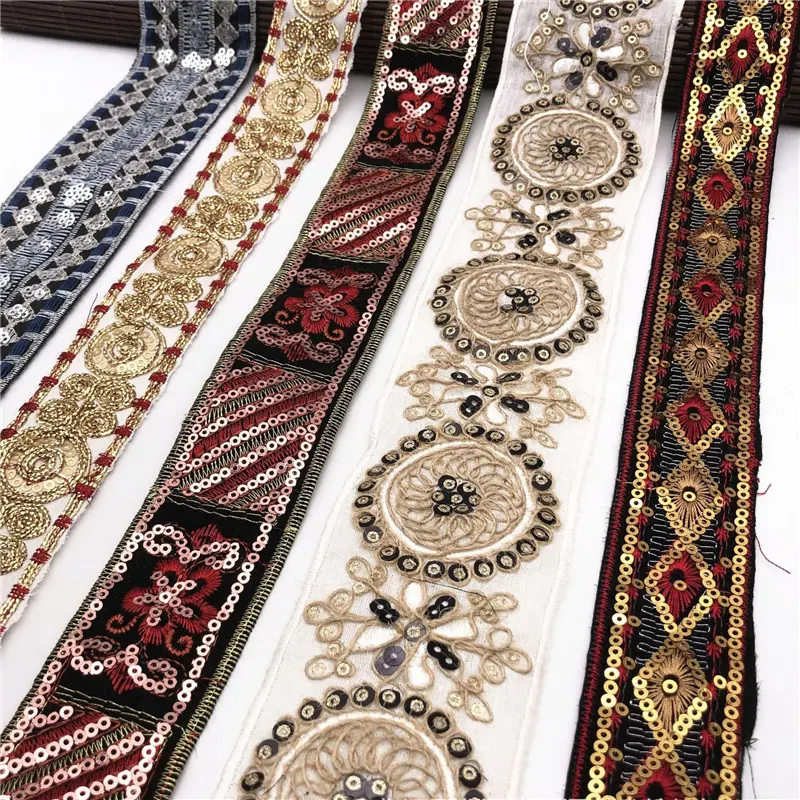 In Stock Narrow Vintage Lace Trim Floral Braided Wire Gold Sequin Embroidery Bias Tape Ethnic Style Trim