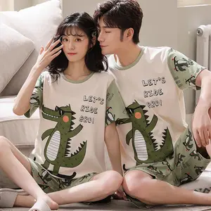 Pijama de algodón de manga corta con dibujos animados para parejas, ropa de dormir de talla grande, para verano, 2 piezas