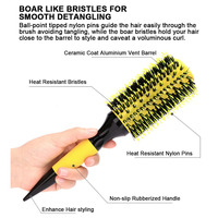Brosse à cheveux ronde populaire en nylon à poils souples, résistante à la chaleur, avec manche caoutchouté, revêtement céramique et corps ventilé en aluminium pour le coiffage