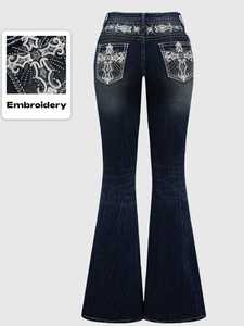 Jeans ajustados de mujer con elasticidad media, bordado cruzado en pantalones y cinturón, pantalones vaqueros de moda para mujer - Product Image 1