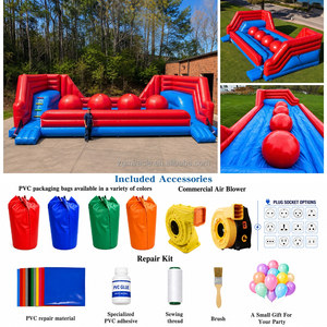 Parcours d'obstacles gonflable commercial Big Baller Wipeout, avec double toboggan rouge et <span class=keywords><strong>bleu</strong></span> et jeu de défi d'équilibre à 3 balles pour - Product Image 2