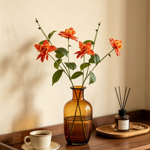 Fleurs artificielles de clematis, arrangement floral en soie orange à 5 têtes, pour décoration de mariage, décoration intérieure, accessoires de décoration douce - Product Image 4