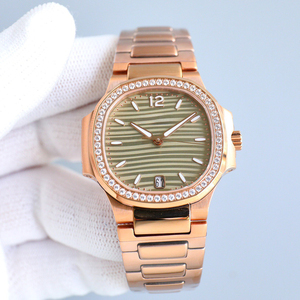 Reloj de Mujer de Alta Gama en Oro Rosa con Bisel de Diamantes, Esfera Verde Oliva Ondulada, Ventana de Fecha, Elegante para Uso Diario y de Fiesta - Product Image 1
