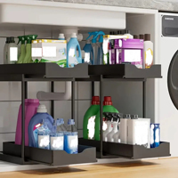 Organisateur sous évier à 2 niveaux, panier coulissant pour armoire, étagère de rangement avec crochets, support suspendu pour tasses, pour salle de bain et cuisine