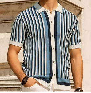 Polo d'été décontracté à manches courtes <span class=keywords><strong>et</strong></span> coupe ajustée pour homme Chemise en tricot délavé à rayures noires <span class=keywords><strong>et</strong></span> blanches - Product Image 4