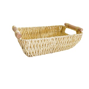 Panier de rangement tissé à la main, rectangulaire, avec poignées en bois, pour fruits, œufs, organisation du bureau - Product Image 1