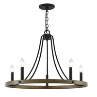 Lustre rustique américain de style farmhouse à 6 lumières, en fer noir et en bois, en forme de roue de chariot, pour la décoration de la maison