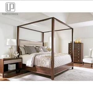 American Stylish Bedroom Design Four Poster Solid Wood Bed Tufted Low Profile Canopy Bed