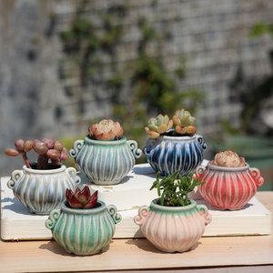 Pot de fleurs <span class=keywords><strong>en</strong></span> céramique respirant de style chinois, avec finition craquelée, pour plantes succulentes, format pouce, à deux poignées - Product Image 1