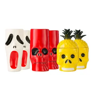 Perfetto pacchetto per feste Tiki in ceramica-Set di 6 teschio di ananas con coperchio, teschio rosso, tazza spettrale con viso fantasma urlante per cocktail