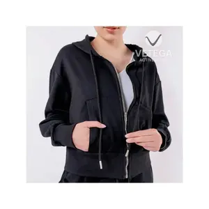 Sweat-shirt à capuche décontracté pour femme Vetega, automne, avec poches, épaules tombantes, manches longues, cordon de serrage réglable, tricoté en polyester, couleur unie - Product Image 4