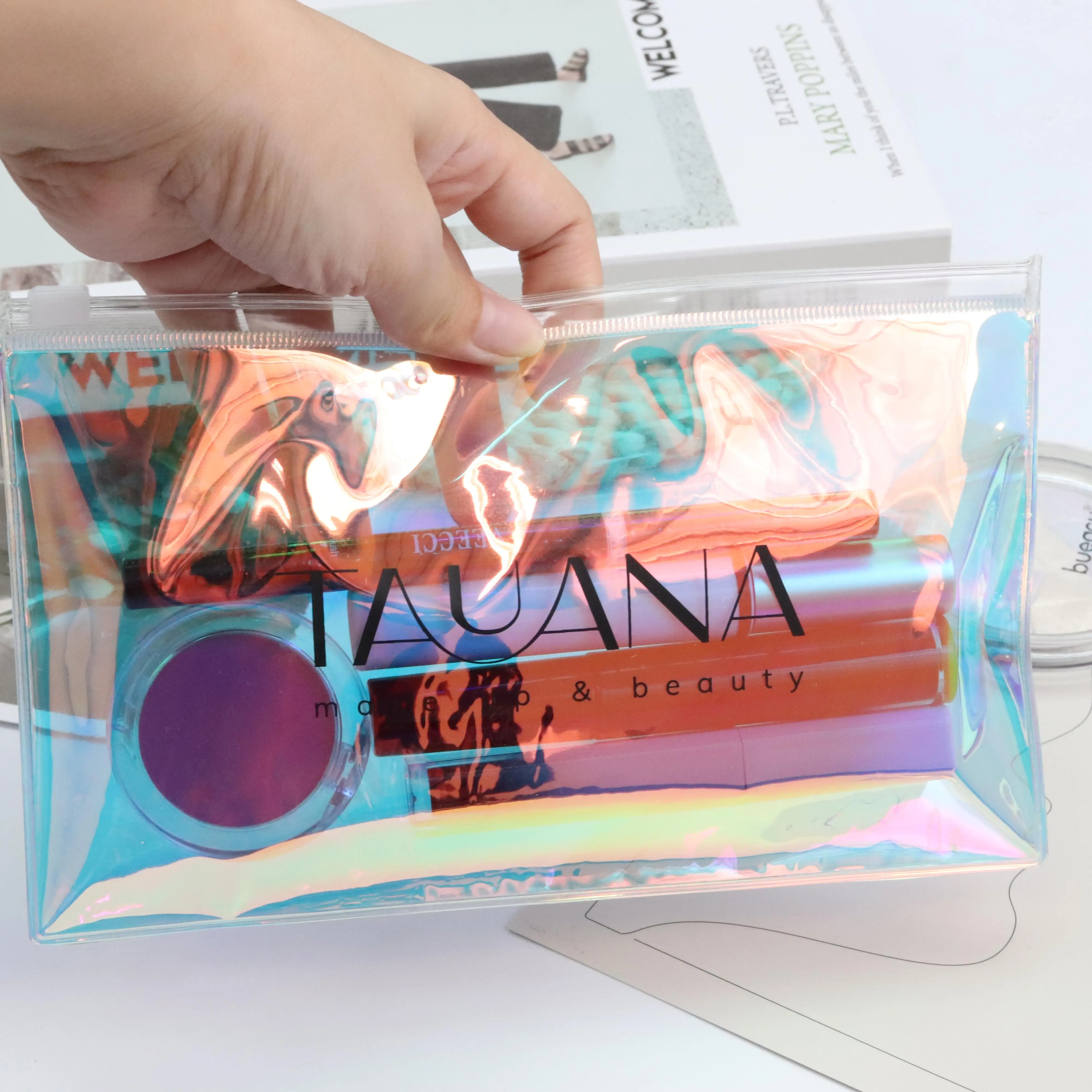 新しい高級美容メイクアップバッグカスタムロゴ防水透明透明プラスチックPVC化粧品ジッパーバッグ