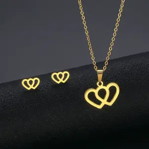 Kalung liontin hati cinta ganda emas baja trendi wanita kualitas tinggi 18K kalung Toggle hati PVD emas