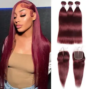 BMF Color 99j Extensiones de cabello lacio rojo 3 paquetes Cobre Rojo Brasileño Tejido de cabello humano Color personalizado Borgoña 99J Color Bundl